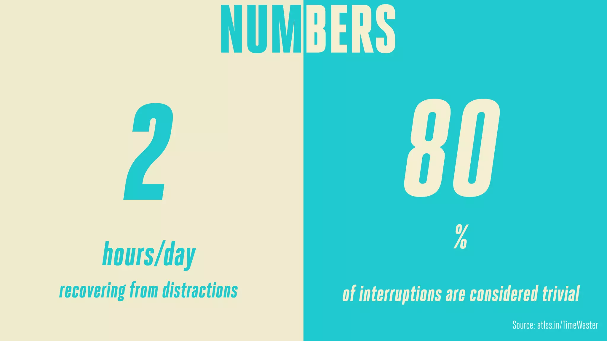 NUMBERS

2
hours/day
recovering from distractions

80
%

of interruptions are considered trivial
Source: atlss.in/TimeWaster

 