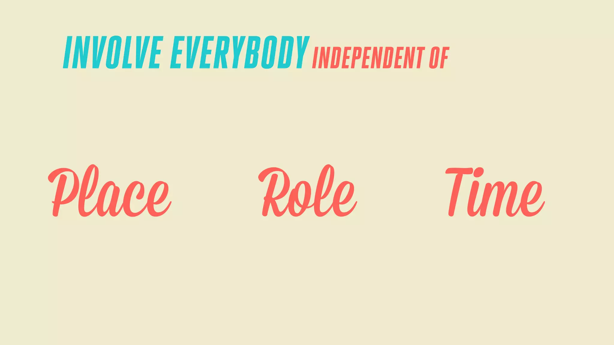 INVOLVE EVERYBODY INDEPENDENT OF

Place

Role

Time

 