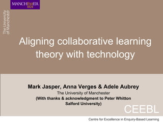 Aligning collaborative learning
    theory with technology


  Mark Jasper, Anna Verges & Adele Aubrey
               The University of Manchester
    (With thanks & acknowledgment to Peter Whitton
                   Salford University)
                                                    CEEBL
                             Centre for Excellence in Enquiry-Based Learning
 