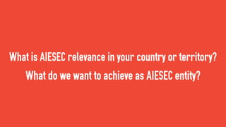 What is AIESEC relevance in your country or territory?
What do we want to achieve as AIESEC entity?
 
