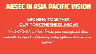 Growing Together,
Our Togetherness Grows
AIESEC in Asia pacific vision
“AIESEC in Asia Paciﬁc grows meaningful and holistic
relationships for regional development by working together on key issues across
territories”
AIESEC in Asia pacific vision
 
