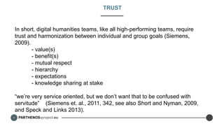 PARTHENOS-project.eu
TRUST
In short, digital humanities teams, like all high-performing teams, require
trust and harmonization between individual and group goals (Siemens,
2009).
- value(s)
- benefit(s)
- mutual respect
- hierarchy
- expectations
- knowledge sharing at stake
“we’re very service oriented, but we don’t want that to be confused with
servitude” (Siemens et. al., 2011, 342, see also Short and Nyman, 2009,
and Speck and Links 2013).
 