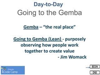 Day-to-Day
Going to the Gemba
Gemba – “the real place”
Going to Gemba (Lean) - purposely
observing how people work
together to create value
- Jim Womack
 