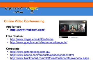 File Sharing
 Online Sharing
 • https://www.dropbox.com/
 • https://skydrive.live.com/
 • https://drive.google.com/
 • https://www.yousendit.com/

 Document Management Repositories
  • http://www.alfresco.com/
  • http://sharepoint.microsoft.com/
 