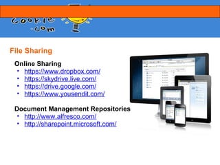Auxiliary Systems
 Learning Management Systems
  • http://moodle.org/
  • http://www.blackboard.com/
  • http://www.saba.com/

 e-Portfolio Systems
  • https://mahara.org/
  • http://www.pebblepad.co.uk/
  • http://elgg.org/
 