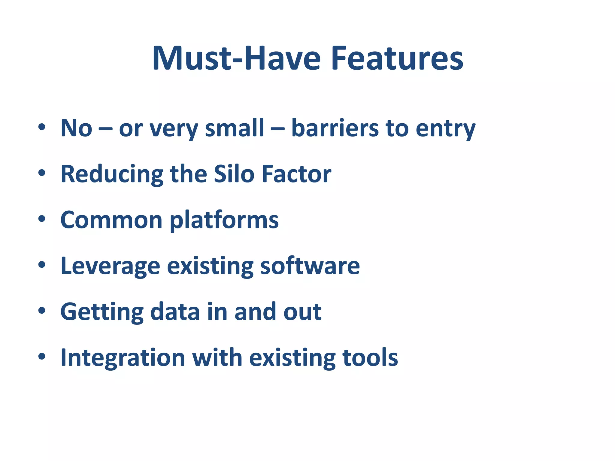 E-Mail as a Collaboration Platform
• E-mail is not a document manager
• Improper use of email
• Not playing well with others
• Continually restarting the project
• Confusion in conversation flow
• Decentralization of information
• Email makes us lazy
