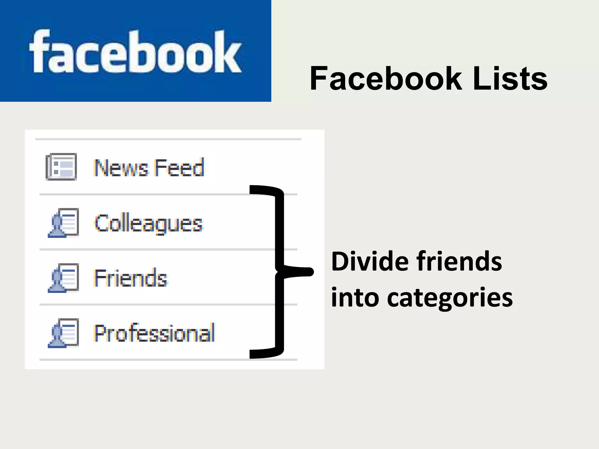 Facebook ListsDivide friends into categories