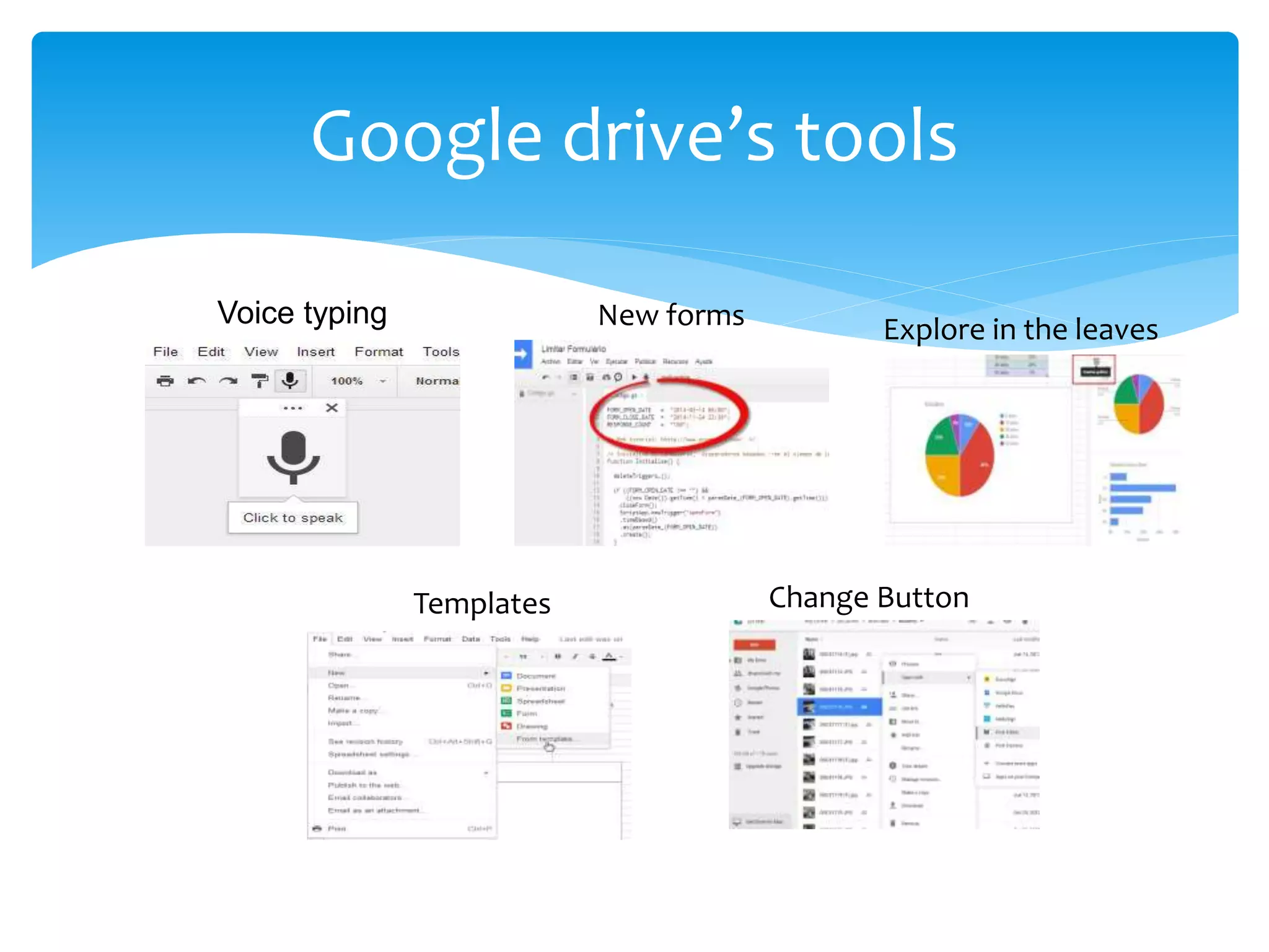 Google drive’s tools
Voice typing
Templates
New forms
Change Button
Explore in the leaves
 