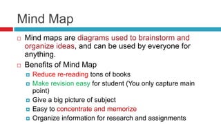 Mind Map
   Mind maps are diagrams used to brainstorm and
    organize ideas, and can be used by everyone for
    anything.
   Benefits of Mind Map
       Reduce re-reading tons of books
       Make revision easy for student (You only capture main
        point)
       Give a big picture of subject
       Easy to concentrate and memorize
       Organize information for research and assignments
 
