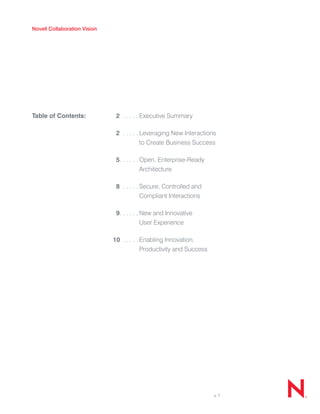 Novell Collaboration Vision




Table of Contents:             2 . . . . . Executive Summary

                               2 . . . . . Leveraging New Interactions
                                           to Create Business Success

                               5. . . . . . Open, Enterprise-Ready
                                            Architecture

                               8 . . . . . Secure, Controlled and
                                           Compliant Interactions

                               9. . . . . . New and Innovative
                                            User Experience

                              10 . . . . . Enabling Innovation,
                                           Productivity and Success




                                                                      p. 1
 