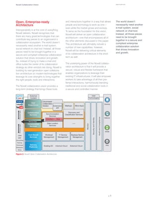 Novell Collaboration Vision                                                                             www.novell.com




Open, Enterprise-ready                             and interactions together in a way that allows       The world doesn’t
Architecture                                       people and technology to work as one—                necessarily need another
                                                   even while the market grows and evolves.             e-mail system, social
Interoperability is at the core of everything                                                           network or chat tool.
                                                   To serve as the foundation for this vision,
Novell delivers. Novell recognizes that                                                                 Instead, all those pieces
                                                   Novell will deliver an open collaboration
there are many great technologies that can                                                              need to be brought
                                                   architecture—one that encompasses all of
contribute key pieces to an organization’s                                                              together in a secure and
                                                   the other elements discussed in this paper.
collaboration ecosystem. The world doesn’t                                                              compliant enterprise
                                                   This architecture will ultimately include a
necessarily need another e-mail system,                                                                 collaboration solution
                                                   number of new capabilities; however,
social network or chat tool. Instead, all those                                                         that drives innovation
                                                   Novell will be delivering critical elements
pieces need to be brought together in a                                                                 and growth.
secure and compliant enterprise collaboration      of its collaboration architecture in the short
solution that drives innovation and growth.        term as well.
So, instead of trying to make e-mail and
office suites the center of its collaboration      The underlying power of the Novell collabo-
strategy as other vendors are doing, Novell is     ration architecture is that it will provide a
building its next-generation open collabora-       secure, robust and flexible framework that
tion architecture on modern technologies that      enables organizations to leverage their
leverage its core strengths to bring together      existing IT infrastructures. It will also empower
the right people, tools and interactions.          workers to take advantage of all their pre-
                                                   ferred interactions, harmoniously blending
The Novell collaboration vision provides a         traditional and social collaboration tools in
long-term strategy that brings these tools         a secure and controlled manner.




Figure 3. Novell Open Collaboration Architecture




                                                                                                 p. 5
 