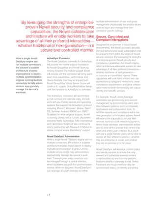 By leveraging the strengths of enterprise-                                   facilitate administration of user and group
                                                                                management. Additionally, the solution allows
     proven Novell security and compliance                                      users to log in and manage their own
        capabilities, the Novell collaboration                                  connector-specific settings.

     architecture will enable workers to take                                   Secure, Controlled and
advantage of all their preferred interactions—                                  Compliant Interactions
 whether traditional or next-generation—in a                                    Designed for on-premise or cloud-based
                                                                                environments, the Novell approach securely
             secure and controlled manner.                                      blends traditional and social collaboration tools
                                                                                by wrapping them within the safety of Novell
                                                                                security solutions. By leveraging the strengths
While a single Novell       ActiveSync Connector
                                                                                of enterprise-proven Novell security and
DataSync engine can         The Novell DataSync connector for ActiveSync
                                                                                compliance capabilities, the Novell collabo-
run multiple connectors,    will provide the mobile support foundation
                                                                                ration architecture will enable workers to take
the solution’s scalable     for Novell GroupWise and Novell Teaming
                                                                                advantage of all their preferred interactions—
architecture enables        moving forward. The mobile support Novell
                                                                                whether traditional or next-generation—
organizations to deploy     will provide with this connector will bring users
                                                                                in a secure and controlled manner. These
multiple synchronization    even more capabilities, performance and
                                                                                capabilities will work hand-in-hand with the
engines running multiple    device flexibility than they’ve enjoyed with
                                                                                architecture to safeguard interactions, meet
connectors to help admin-   Novell GroupWise Mobile Server. Novell will
                                                                                compliance requirements, and allow collabo-
istrators appropriately     continue to support GroupWise Mobile Server
                                                                                ration tools to work harmoniously with robust
manage the service’s        until the transition to ActiveSync is complete.
                                                                                identity and security services.
workload.
                            The ActiveSync connector will synchronize           For example, Novell Identity Manager
                            e-mail, contact and calendar data, and will         automates user provisioning and account
                            work with any mobile devices and operating          management by synchronizing users’ iden-
                            systems that support the ActiveSync protocol,       tities between systems, such as corporate
                            including iPhone*, Windows* Mobile, Palm*           applications and collaboration tools. To
                            OS, Symbian, Android, BREW* and J2ME*.              facilitate security and compliance within the
                            To deliver this wide range of support, Novell       next-generation collaboration sphere, Novell
                            is working closely with a number of partners        will extend this capability to include Web
                            including Notify Technology, Toffa International    services such as social networking systems.
                            and OpenHand. Novell will also continue its         Within these identities, administrators will be
                            strong partnership with Research In Motion to       able to store all the policies that control how,
                            deliver comprehensive BlackBerry* support.          when and where users interact. As a result,
                                                                                with just a single identity, users will be able to
                            Novell DataSync Administration                      access all their different systems— whether
                            While a single Novell DataSync engine can run       they are enterprise or social, and whether
                            multiple connectors, the solution’s scalable        they are on-premise or in the cloud.
                            architecture enables organizations to deploy
                            multiple synchronization engines running            Novell DataSync will leverage content policy
                            multiple connectors to help administrators          and identity controls to ensure that only
                            appropriately manage the service’s work-            relevant and authorized external content
                            load. These engines and connectors can              is synchronized to and from the platform.
                            be managed through a central interface,             Relevant data from personal e-mail, Twitter,
                            which facilitates usage of the synchronization      Facebook and much more can also be
                            service. While not required, Novell DataSync        synchronized based on identity and policy.
                            can leverage an LDAP directory to further




                            p. 8
 