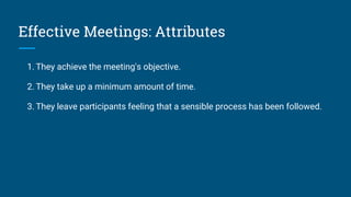 Effective Meetings: Attributes
1. They achieve the meeting's objective.
2. They take up a minimum amount of time.
3. They leave participants feeling that a sensible process has been followed.
 