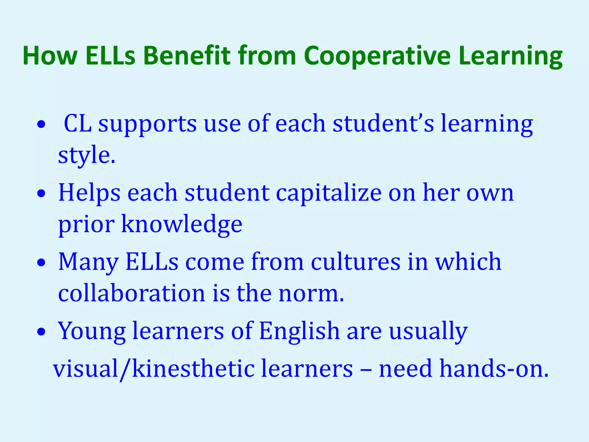 How ELLs Benefit from Cooperative Learning 
• CL supports use of each student’s learning 
style. 
• Helps each student capitalize on her own 
prior knowledge 
• Many ELLs come from cultures in which 
collaboration is the norm. 
• Young learners of English are usually 
visual/kinesthetic learners – need hands-on. 
 