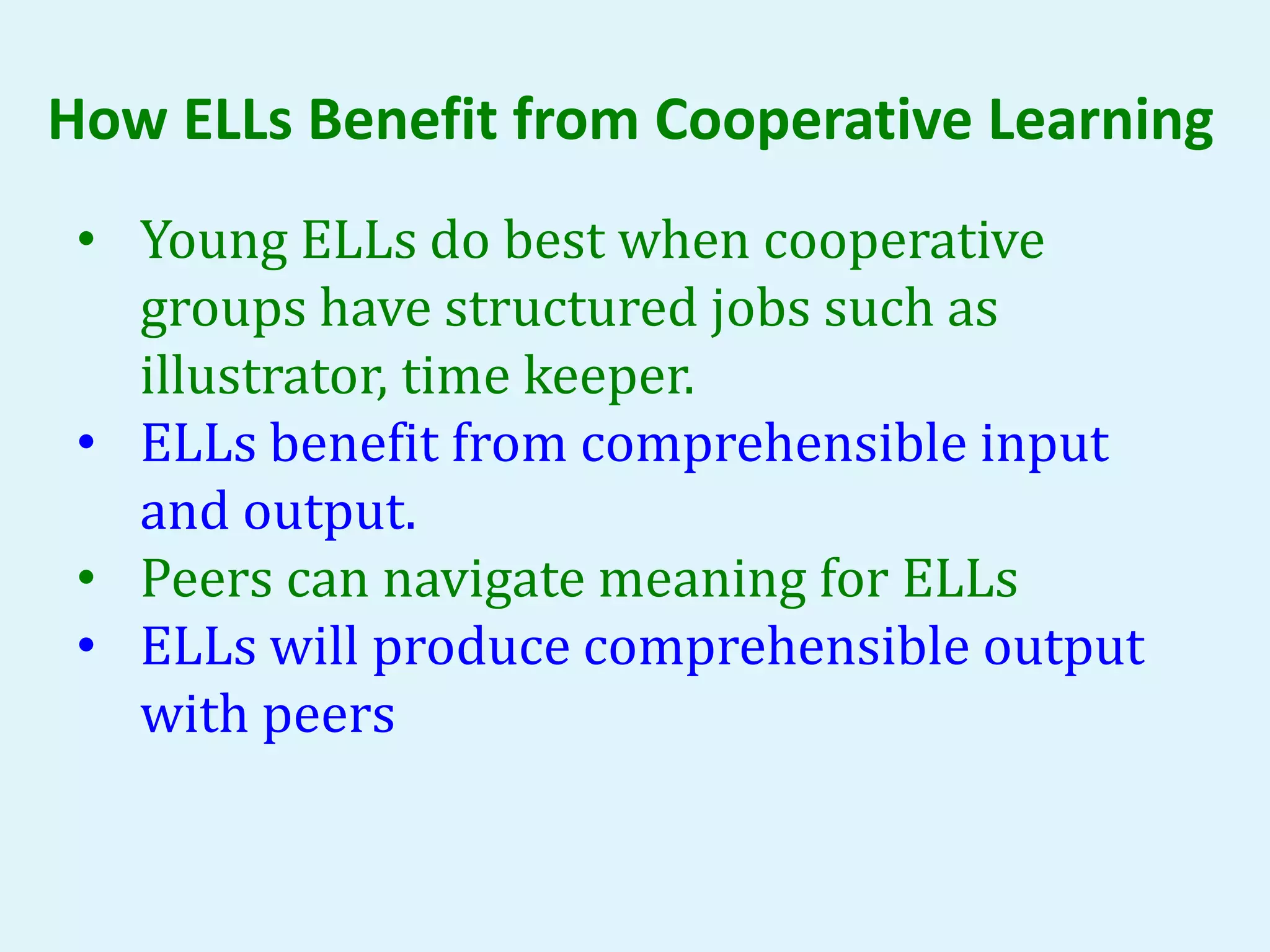 How ELLs Benefit from Cooperative Learning 
• Young ELLs do best when cooperative 
groups have structured jobs such as 
illustrator, time keeper. 
• ELLs benefit from comprehensible input 
and output. 
• Peers can navigate meaning for ELLs 
• ELLs will produce comprehensible output 
with peers 
 