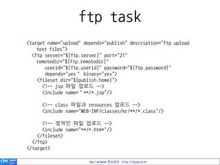 ftp task
<target name="upload" depends="publish" description="ftp upload
    text files">
  <ftp server="${ftp.server}" port="21"
    remotedir="${ftp.remotedir}"
       userid="${ftp.userid}" password="${ftp.password}"
       depends="yes“ binary="yes">
    <fileset dir="${publish.home}">
      <!-- jsp 파일 업로드 -->
      <include name=“**/*.jsp"/>

     <!-- class 파일과 resources 업로드 -->
     <include name="WEB-INF/classes/kr/**/*.class"/>

      <!-- 정적인 파일 업로드 -->
      <include name="**/*.htm*"/>
    </fileset>
  </ftp>
</target>

                        jsp / eclipse 정보공유 http://okjsp.pe.kr
 