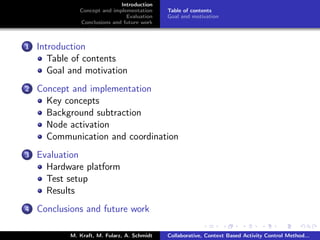 Introduction
Concept and implementation
Evaluation
Conclusions and future work
Table of contents
Goal and motivation
1 Introduction
Table of contents
Goal and motivation
2 Concept and implementation
Key concepts
Background subtraction
Node activation
Communication and coordination
3 Evaluation
Hardware platform
Test setup
Results
4 Conclusions and future work
M. Kraft, M. Fularz, A. Schmidt Collaborative, Context Based Activity Control Method...
 