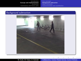 Introduction
Concept and implementation
Evaluation
Conclusions and future work
Key concepts
Background subtraction
Node activation
Communication and coordination
Background subtraction
M. Kraft, M. Fularz, A. Schmidt Collaborative, Context Based Activity Control Method...
 