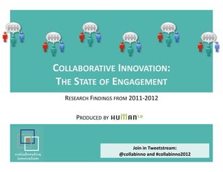 COLLABORATIVE	
  INNOVATION:         	
  
 THE	
  STATE	
  OF	
  ENGAGEMENT
                                	
  
    RESEARCH	
  FINDINGS	
  FROM	
  2011-­‐2012	
  

         PRODUCED	
  BY	
  	
  	
  	
  	
  	
  	
  	
  	
  	
  	
  	
  	
  	
  	
  	
  	
  	
  	
  	
  	
  	
  	
  	
  	
  



                                                                                    Join	
  in	
  Tweetstream:	
  
                                                                              @collabinno	
  and	
  #collabinno2012	
  
 