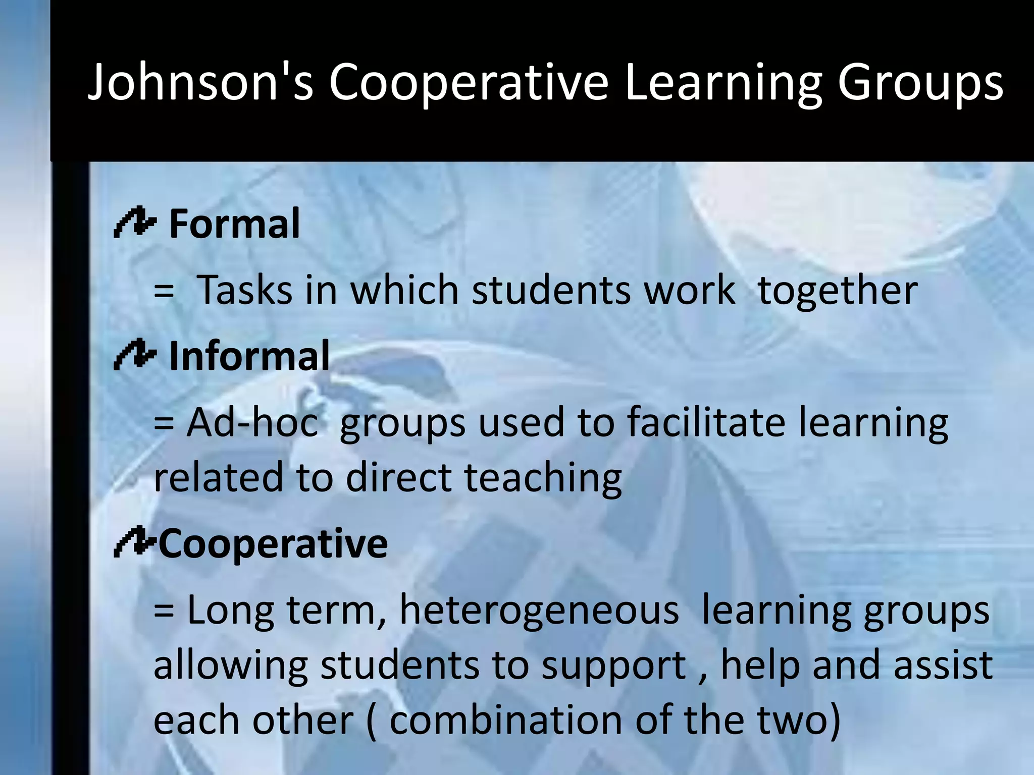 Johnson's Cooperative Learning Groups
Formal
= Tasks in which students work together
Informal
= Ad-hoc groups used to facilitate learning
related to direct teaching
Cooperative
= Long term, heterogeneous learning groups
allowing students to support , help and assist
each other ( combination of the two)
 