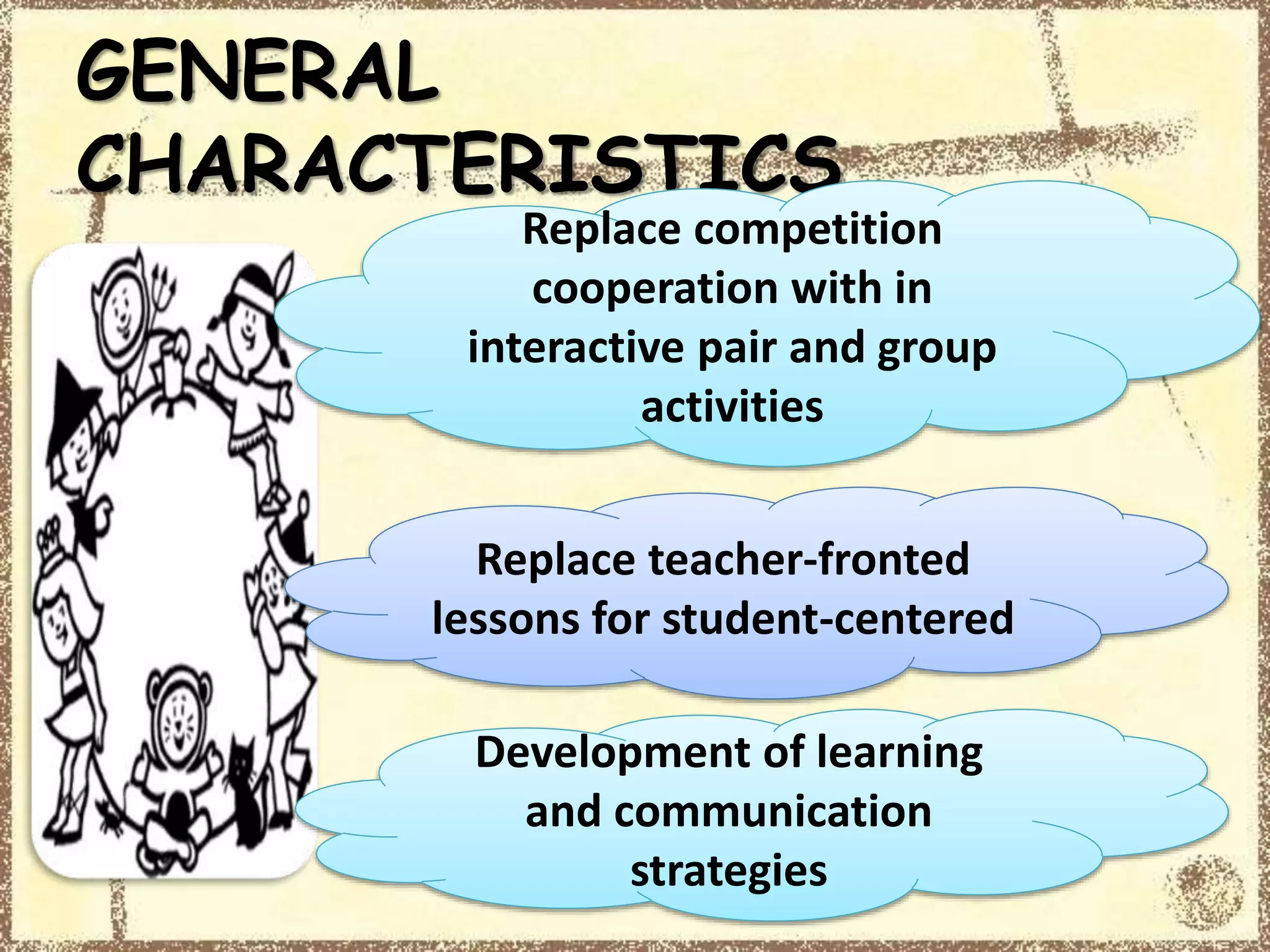 GENERAL
CHARACTERISTICS
Development of learning
and communication
strategies
Replace teacher-fronted
lessons for student-centered
Replace competition
cooperation with in
interactive pair and group
activities
 