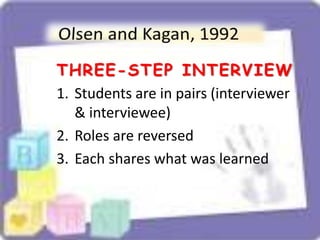THREE-STEP INTERVIEW
1. Students are in pairs (interviewer
& interviewee)
2. Roles are reversed
3. Each shares what was learned
 