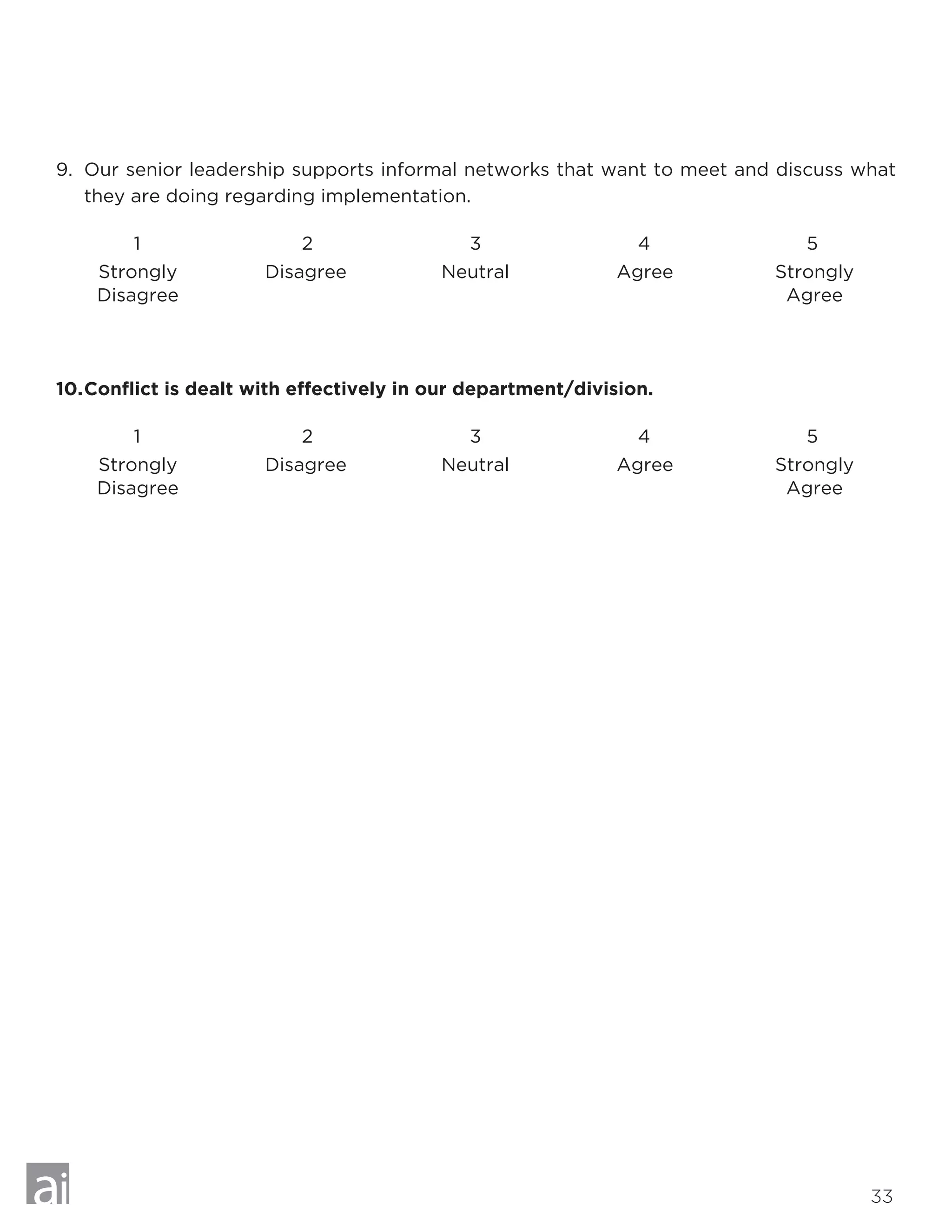 33
	1			2			3			4	 5
	1			2			3			4	 5
Strongly
Disagree
Strongly
Disagree
Disagree
Disagree
Neutral
Neutral
Agree
Agree
Strongly
Agree
Strongly
Agree
9.	 Our senior leadership supports informal networks that want to meet and discuss what
they are doing regarding implementation.
10.	Conflict is dealt with effectively in our department/division.
 
