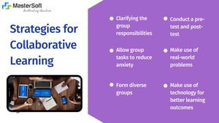Strategies for
Collaborative
Learning
Clarifying the
group
responsibilities
Allow group
tasks to reduce
anxiety
Form diverse
groups
Conduct a pre-
test and post-
test
Make use of
real-world
problems
Make use of
technology for
better learning
outcomes
 