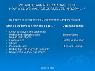 WE ARE LEARNING TO MANAGE SELF HOW WILL WE MANAGE OURSELVES IN ROOM …?  By becoming a responsible Class Member/Camp Participant  What do we have to know and do to…?   Details/Specifics   Know ourselves and each other  Rights and responsibilities  School/Class Rules/Basic Rights Expectations  Book Presentation Charts Personal Goals  FFI Goal Setting Setting high standards for oneself  Know when to seek assistance  