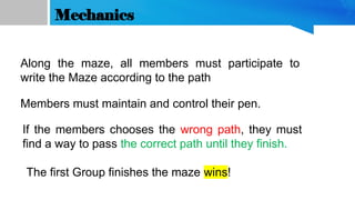 If the members chooses the wrong path, they must
find a way to pass the correct path until they finish.
The first Group finishes the maze wins!
Along the maze, all members must participate to
write the Maze according to the path
Mechanics
Members must maintain and control their pen.
 