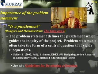Importance of the problem statement“Is a puzzlement” (Rodgers and Hammerstein: The King and I)The problem statement defines the puzzlement which guides the inquiry of the project.  Problem statements often take the form of a central question that yields subquestions. Seider, S. (2002, Fall).  Syllabus, EDEL 591 Designing Action Research in Elementary/Early Childhood Education (no longerSee alsoGuidelines for Developing a Question16
