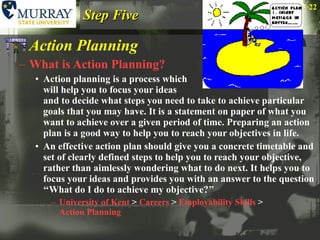 Step Five Action Planning What is Action Planning? Action planning is a process which  will help you to focus your ideas  and to decide what steps you need to take to achieve particular goals that you may have. It is a statement on paper of what you want to achieve over a given period of time. Preparing an action plan is a good way to help you to reach your objectives in life.  An effective action plan should give you a concrete timetable and set of clearly defined steps to help you to reach your objective, rather than aimlessly wondering what to do next. It helps you to focus your ideas and provides you with an answer to the question ‘‘What do I do to achieve my objective?’’ University of Kent  >  Careers  >  Employability Skills  >  Action Planning 