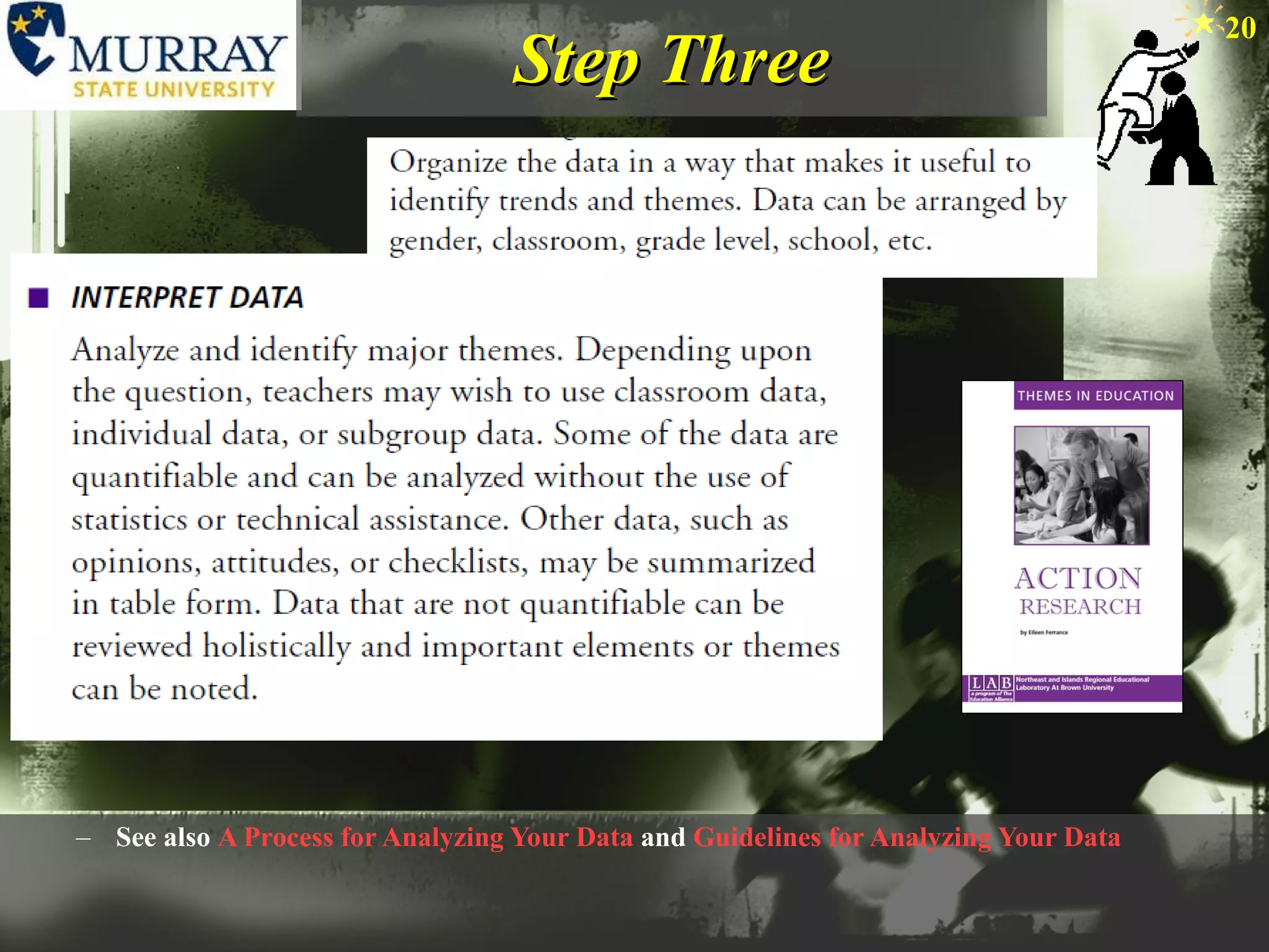 Step Three See also  A Process for Analyzing Your Data  and  Guidelines for Analyzing Your Data 