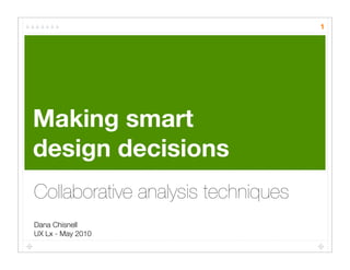 1




Making smart
design decisions
Collaborative analysis techniques
Dana Chisnell
UX Lx - May 2010
 