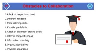 Obstacles to Collaboration
07
1.A lack of respect and trust
2.Different mindsets
3.Poor listening skills
4.Knowledge deficits
5.A lack of alignment around goals
6.Internal competitiveness
7.Information hoarding
8.Organizational silos
9.Physical separation
 