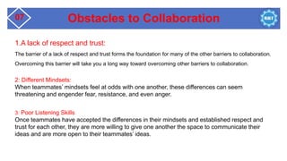 Obstacles to Collaboration
07
1.A lack of respect and trust:
The barrier of a lack of respect and trust forms the foundation for many of the other barriers to collaboration.
Overcoming this barrier will take you a long way toward overcoming other barriers to collaboration.
2: Different Mindsets:
When teammates’ mindsets feel at odds with one another, these differences can seem
threatening and engender fear, resistance, and even anger.
3: Poor Listening Skills
Once teammates have accepted the differences in their mindsets and established respect and
trust for each other, they are more willing to give one another the space to communicate their
ideas and are more open to their teammates’ ideas.
 