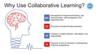 Why Use Collaborative Learning?
Development of higher-level thinking, oral
communication, self-management, and
leadership skills.
01
Promotion of student-faculty interaction.
02
Increase in student retention, self-esteem, and
responsibility.
03
Exposure to and an increase in understanding
of diverse perspectives.
04
 
