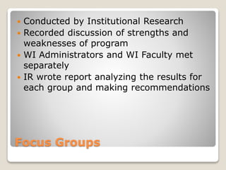 Focus Groups
 Conducted by Institutional Research
 Recorded discussion of strengths and
weaknesses of program
 WI Administrators and WI Faculty met
separately
 IR wrote report analyzing the results for
each group and making recommendations
 