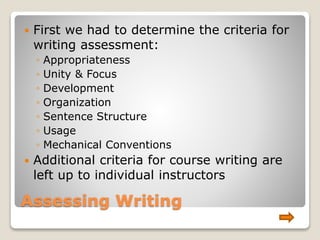 Assessing Writing
 First we had to determine the criteria for
writing assessment:
◦ Appropriateness
◦ Unity & Focus
◦ Development
◦ Organization
◦ Sentence Structure
◦ Usage
◦ Mechanical Conventions
 Additional criteria for course writing are
left up to individual instructors
 