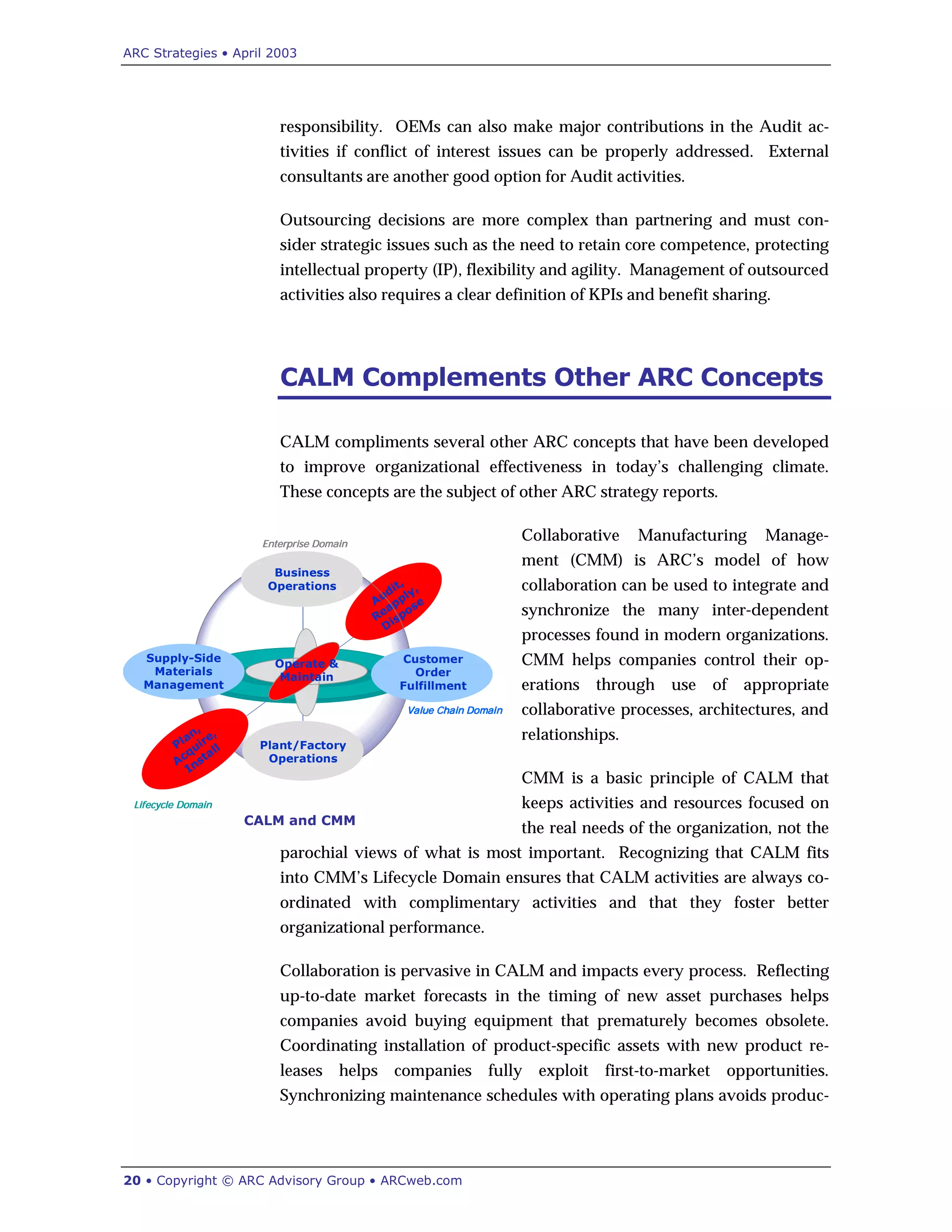 ARC Strategies • April 2003
20 • Copyright © ARC Advisory Group • ARCweb.com
responsibility. OEMs can also make major contributions in the Audit ac-
tivities if conflict of interest issues can be properly addressed. External
consultants are another good option for Audit activities.
Outsourcing decisions are more complex than partnering and must con-
sider strategic issues such as the need to retain core competence, protecting
intellectual property (IP), flexibility and agility. Management of outsourced
activities also requires a clear definition of KPIs and benefit sharing.
CALM Complements Other ARC Concepts
CALM compliments several other ARC concepts that have been developed
to improve organizational effectiveness in today’s challenging climate.
These concepts are the subject of other ARC strategy reports.
Collaborative Manufacturing Manage-
ment (CMM) is ARC’s model of how
collaboration can be used to integrate and
synchronize the many inter-dependent
processes found in modern organizations.
CMM helps companies control their op-
erations through use of appropriate
collaborative processes, architectures, and
relationships.
CMM is a basic principle of CALM that
keeps activities and resources focused on
the real needs of the organization, not the
parochial views of what is most important. Recognizing that CALM fits
into CMM’s Lifecycle Domain ensures that CALM activities are always co-
ordinated with complimentary activities and that they foster better
organizational performance.
Collaboration is pervasive in CALM and impacts every process. Reflecting
up-to-date market forecasts in the timing of new asset purchases helps
companies avoid buying equipment that prematurely becomes obsolete.
Coordinating installation of product-specific assets with new product re-
leases helps companies fully exploit first-to-market opportunities.
Synchronizing maintenance schedules with operating plans avoids produc-
Lifecycle DomainLifecycle DomainLifecycle DomainLifecycle Domain
Lifecycle DomainLifecycle DomainLifecycle DomainLifecycle Domain
Value Chain DomainValue Chain DomainValue Chain DomainValue Chain Domain
Enterprise DomainEnterprise DomainEnterprise DomainEnterprise Domain
Lifecycle DomainLifecycle DomainLifecycle DomainLifecycle Domain
Value Chain DomainValue Chain DomainValue Chain DomainValue Chain Domain
Enterprise DomainEnterprise DomainEnterprise DomainEnterprise Domain
Audit,
Reapply,
Dispose
Operate &
Maintain
Value Chain DomainValue Chain DomainValue Chain DomainValue Chain Domain
Enterprise DomainEnterprise DomainEnterprise DomainEnterprise Domain
Business
Operations
Plant/Factory
Operations
Supply-Side
Materials
Management
Customer
Order
Fulfillment
Plan,
Acquire,
Install
Lifecycle DomainLifecycle DomainLifecycle DomainLifecycle Domain
Lifecycle DomainLifecycle DomainLifecycle DomainLifecycle Domain
Value Chain DomainValue Chain DomainValue Chain DomainValue Chain Domain
Enterprise DomainEnterprise DomainEnterprise DomainEnterprise Domain
Lifecycle DomainLifecycle DomainLifecycle DomainLifecycle Domain
Value Chain DomainValue Chain DomainValue Chain DomainValue Chain Domain
Enterprise DomainEnterprise DomainEnterprise DomainEnterprise Domain
Audit,
Reapply,
Dispose
Operate &
Maintain
Value Chain DomainValue Chain DomainValue Chain DomainValue Chain Domain
Enterprise DomainEnterprise DomainEnterprise DomainEnterprise Domain
Business
Operations
Plant/Factory
Operations
Supply-Side
Materials
Management
Customer
Order
Fulfillment
Plan,
Acquire,
InstallPlan,
Acquire,
Install
CALM and CMM
 