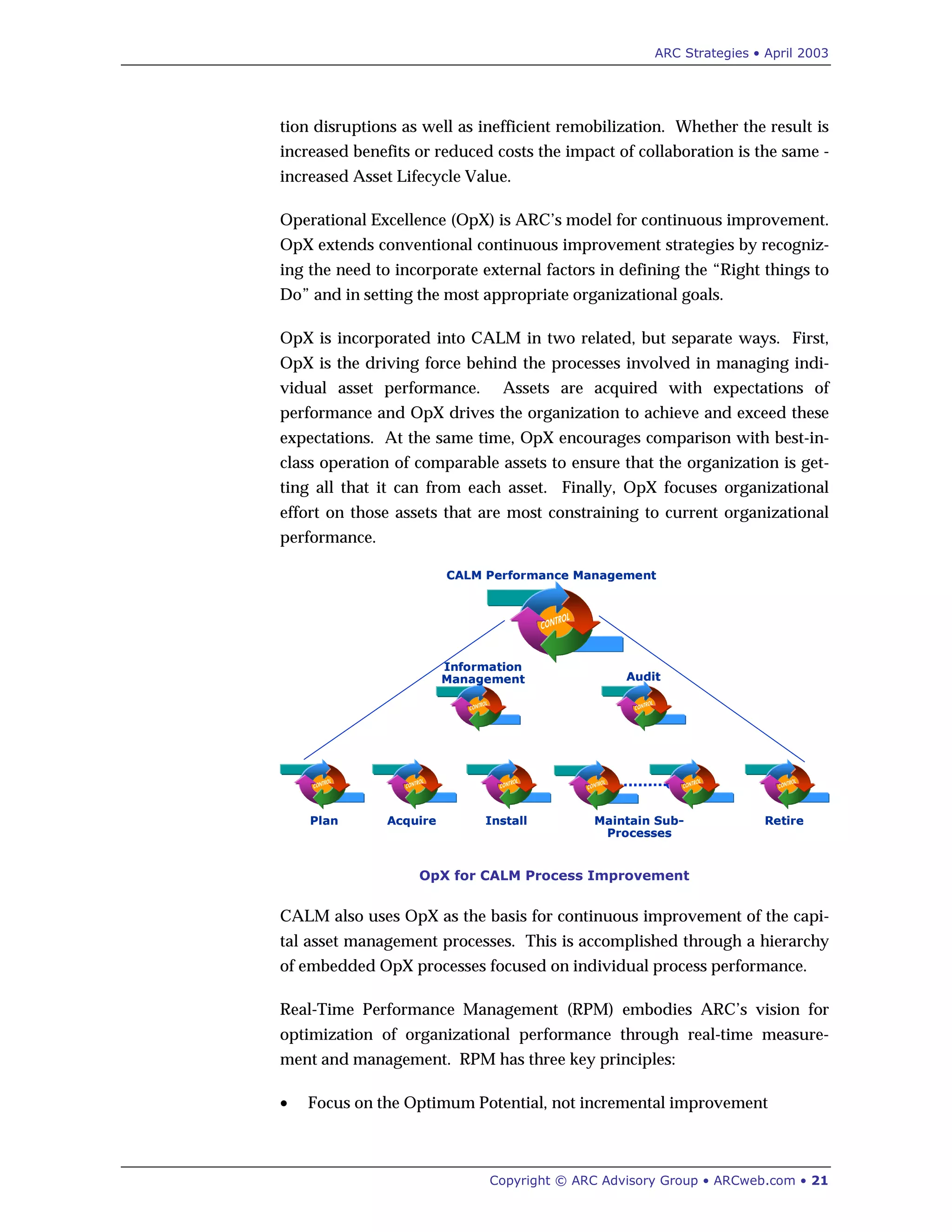 ARC Strategies • April 2003
Copyright © ARC Advisory Group • ARCweb.com • 21
tion disruptions as well as inefficient remobilization. Whether the result is
increased benefits or reduced costs the impact of collaboration is the same -
increased Asset Lifecycle Value.
Operational Excellence (OpX) is ARC’s model for continuous improvement.
OpX extends conventional continuous improvement strategies by recogniz-
ing the need to incorporate external factors in defining the “Right things to
Do” and in setting the most appropriate organizational goals.
OpX is incorporated into CALM in two related, but separate ways. First,
OpX is the driving force behind the processes involved in managing indi-
vidual asset performance. Assets are acquired with expectations of
performance and OpX drives the organization to achieve and exceed these
expectations. At the same time, OpX encourages comparison with best-in-
class operation of comparable assets to ensure that the organization is get-
ting all that it can from each asset. Finally, OpX focuses organizational
effort on those assets that are most constraining to current organizational
performance.
Audit
Plan Acquire Install RetireMaintain Sub-
Processes
CALM Performance Management
Information
Management Audit
Plan Acquire Install RetireMaintain Sub-
Processes
CALM Performance Management
Information
Management
OpX for CALM Process Improvement
CALM also uses OpX as the basis for continuous improvement of the capi-
tal asset management processes. This is accomplished through a hierarchy
of embedded OpX processes focused on individual process performance.
Real-Time Performance Management (RPM) embodies ARC’s vision for
optimization of organizational performance through real-time measure-
ment and management. RPM has three key principles:
• Focus on the Optimum Potential, not incremental improvement
 