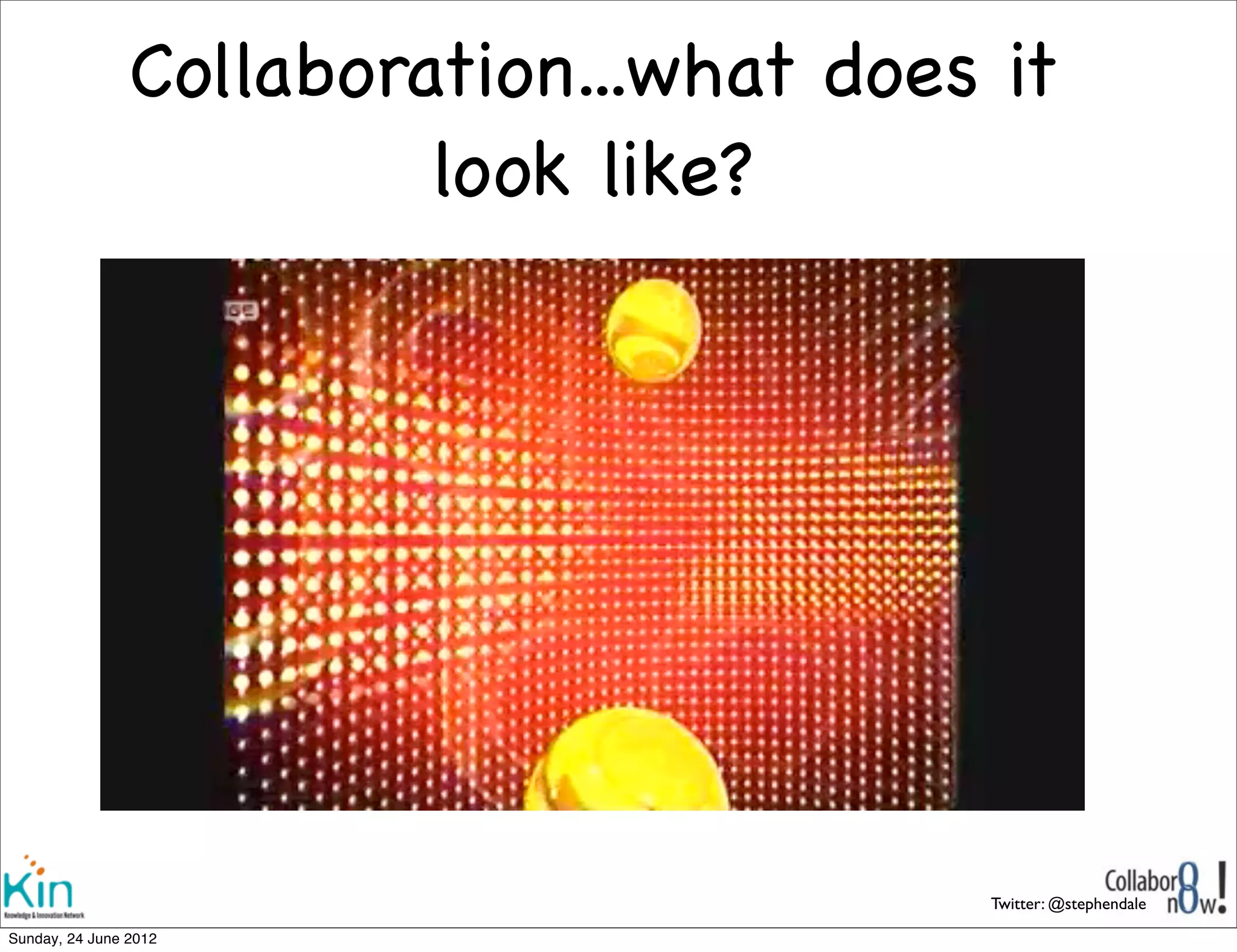 Collaboration...what does it
                          look like?




                      http://youtu.be/S0qjK3TWZE8
                                                    Twitter: @stephendale

Sunday, 1 July 2012
 