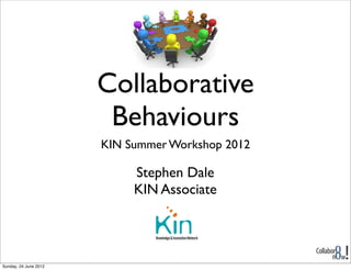 Collaborative
                       Behaviours
                      KIN Summer Workshop 2012

                           Stephen Dale
                           KIN Associate




Sunday, 1 July 2012
 