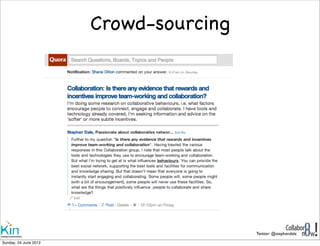 Crowd-sourcing




                                       Twitter: @stephendale

Sunday, 1 July 2012
 