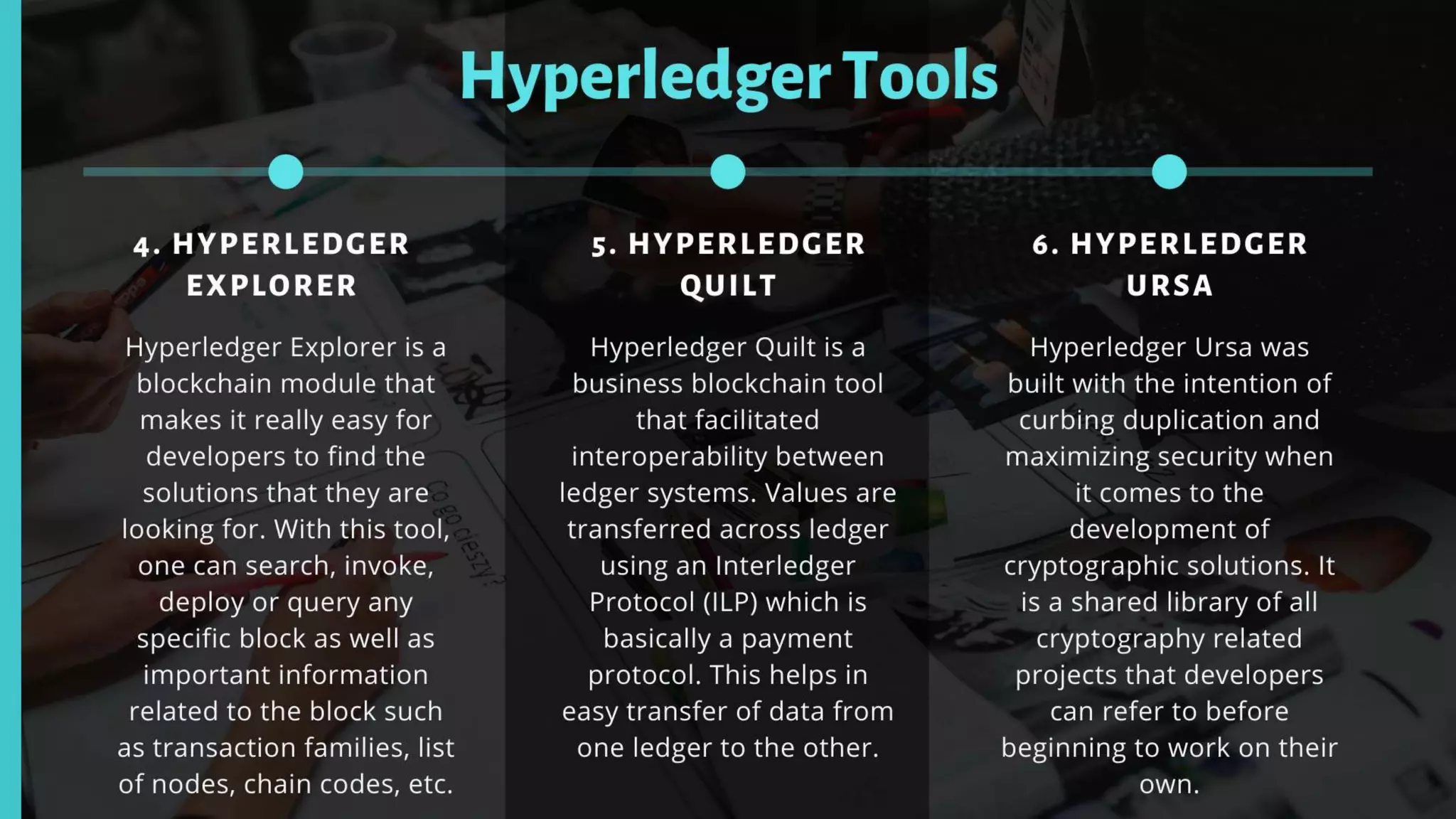HyperledgerTools
Hyperledger Explorer is a
blockchain module that
makes it really easy for
developers to find the
solutions that they are
looking for. With this tool,
one can search, invoke,
deploy or query any
specific block as well as
important information
related to the block such
as transaction families, list
of nodes, chain codes, etc.
Hyperledger Quilt is a
business blockchain tool
that facilitated
interoperability between
ledger systems. Values are
transferred across ledger
using an Interledger
Protocol (ILP) which is
basically a payment
protocol. This helps in
easy transfer of data from
one ledger to the other.
Hyperledger Ursa was
built with the intention of
curbing duplication and
maximizing security when
it comes to the
development of
cryptographic solutions. It
is a shared library of all
cryptography related
projects that developers
can refer to before
beginning to work on their
own.
4. HYPERLEDGER
EXPLORER
5. HYPERLEDGER
QUILT
6. HYPERLEDGER
URSA
 