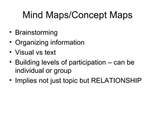Mind Maps/Concept Maps Brainstorming Organizing information Visual vs text Building levels of participation – can be individual or group Implies not just topic but RELATIONSHIP 