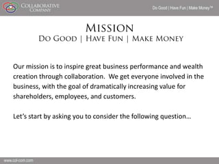 Do Good | Have Fun | Make Money




Our mission is to inspire great business performance and wealth
creation through collaboration. We get everyone involved in the
business, with the goal of dramatically increasing value for
shareholders, employees, and customers.

Let’s start by asking you to consider the following question…




                                                                          1
 