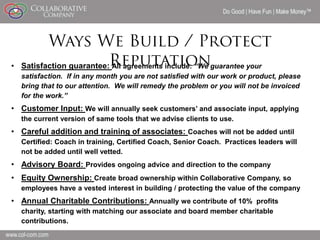 Do Good | Have Fun | Make Money




• Satisfaction guarantee: All agreements include: “We guarantee your
  satisfaction. If in any month you are not satisfied with our work or product, please
  bring that to our attention. We will remedy the problem or you will not be invoiced
  for the work.”
• Customer Input: We will annually seek customers’ and associate input, applying
  the current version of same tools that we advise clients to use.
• Careful addition and training of associates: Coaches will not be added until
  Certified: Coach in training, Certified Coach, Senior Coach. Practices leaders will
  not be added until well vetted.
• Advisory Board: Provides ongoing advice and direction to the company
• Equity Ownership: Create broad ownership within Collaborative Company, so
  employees have a vested interest in building / protecting the value of the company
• Annual Charitable Contributions: Annually we contribute of 10% profits
  charity, starting with matching our associate and board member charitable
  contributions.
                                                                                         16
 