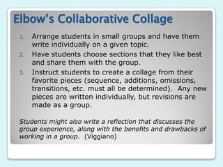Elbow’s Collaborative Collage
 1.   Arrange students in small groups and have them
      write individually on a given topic.
 2.   Have students choose sections that they like best
      and share them with the group.
 3.   Instruct students to create a collage from their
      favorite pieces (sequence, additions, omissions,
      transitions, etc. must all be determined). Any new
      pieces are written individually, but revisions are
      made as a group.

 Students might also write a reflection that discusses the
 group experience, along with the benefits and drawbacks of
 working in a group. (Viggiano)
 