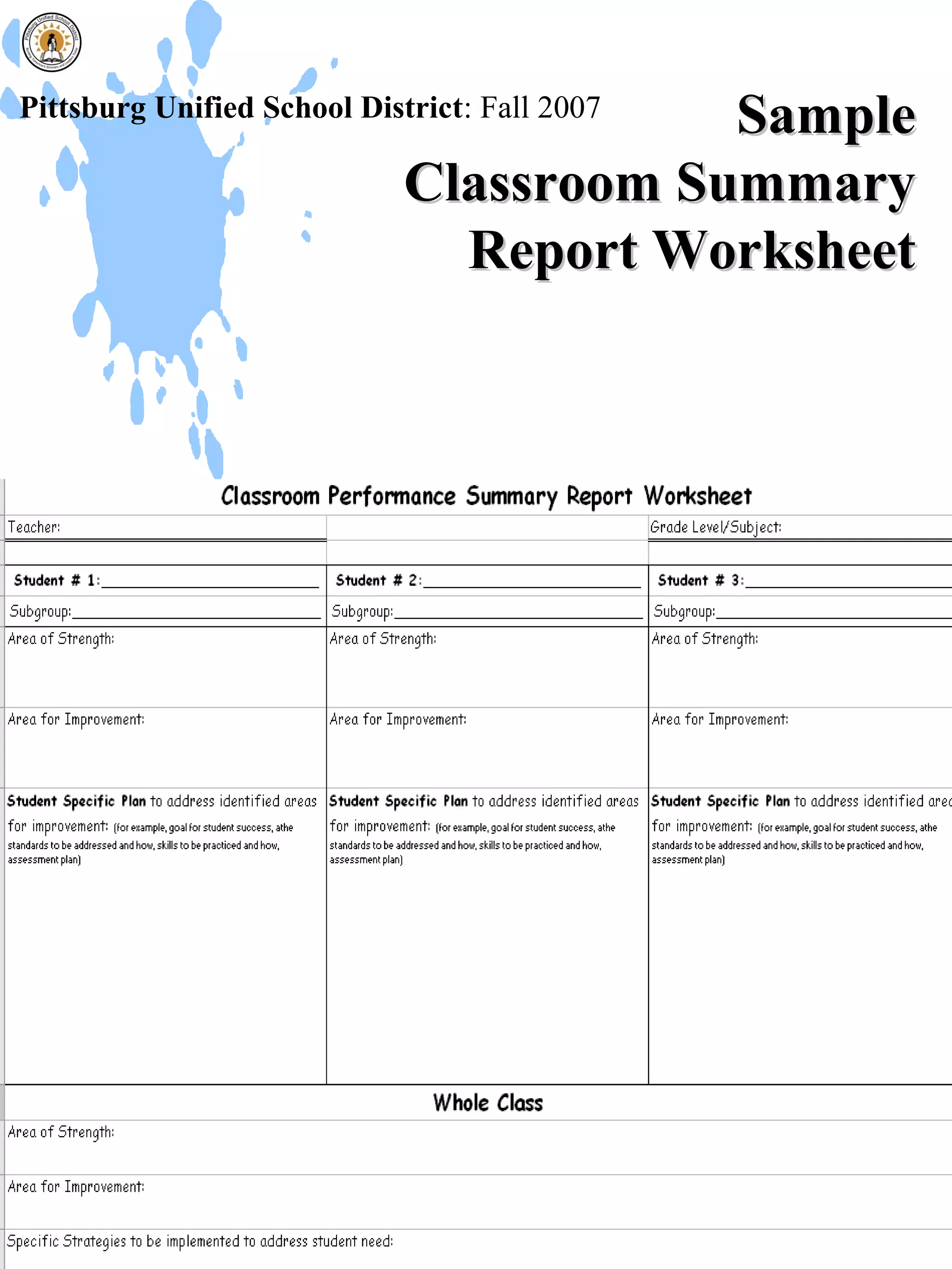 Sample
Pittsburg Unified School District: Fall 2007

                             Classroom Summary
                               Report Worksheet
 
